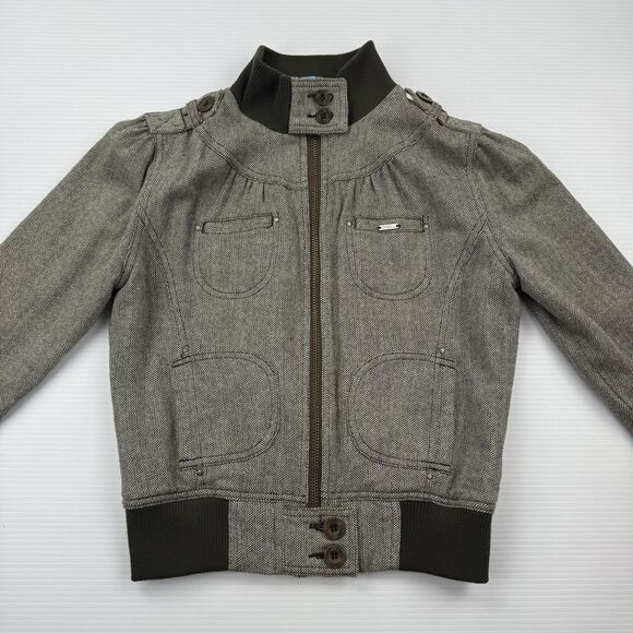 O’Neill Y2K Women’s Wool Blend Herringbone Bomber Jacket M Brown Zip Tweed - Picture 3 of 16